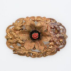 Vintage Czech Stamped Brass Floral Brooch, Red Cabochons & Black Enamel 1930s